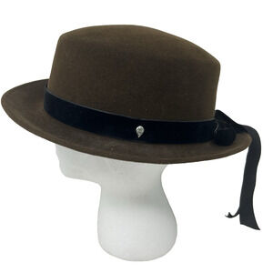 Helen Kaminski Hat Brown Velvet Black Ribbon Fedora 2" Brim